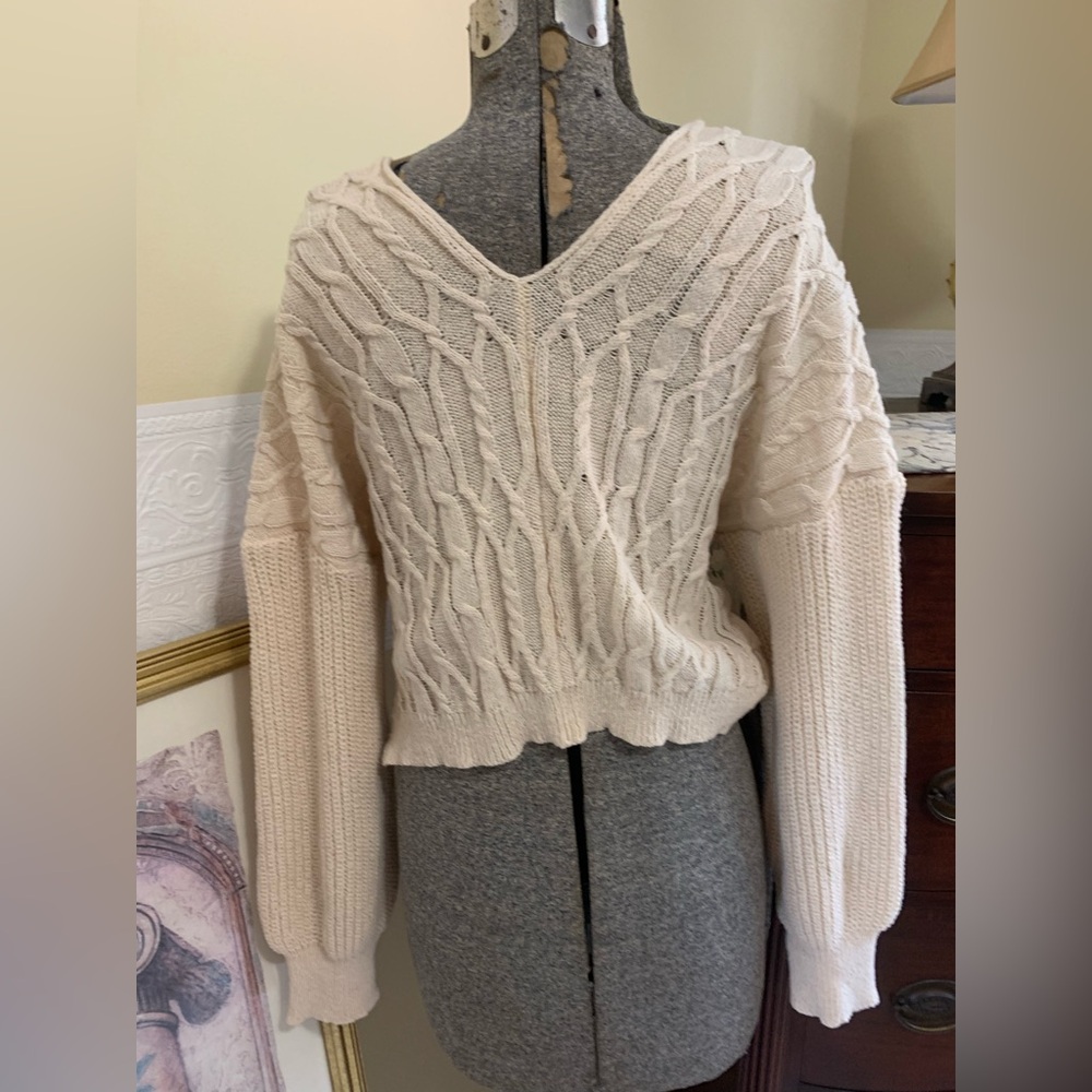 Shein Sweater Open Knit Tan Crop Top Size Large Balloon Sleeve Fashion Nova - Picture 11 of 12